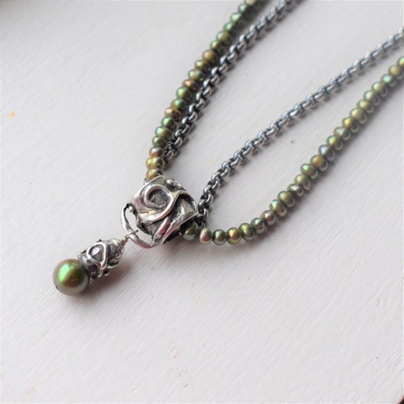 Boho Sage Pearl Necklace 2 Strand Sterling Silver - Picture 2 of 8